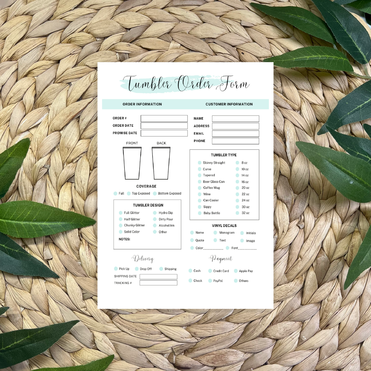 Tumbler Order Form Pads