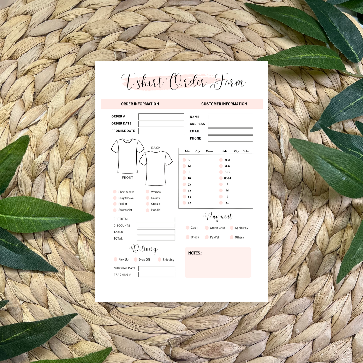 T-Shirt Order Form Pads