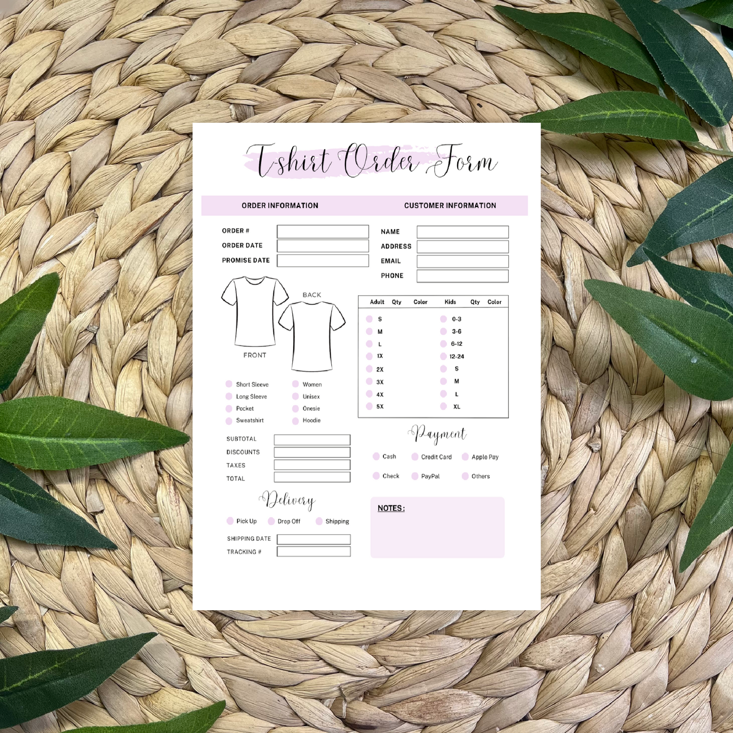 T-Shirt Order Form Pads