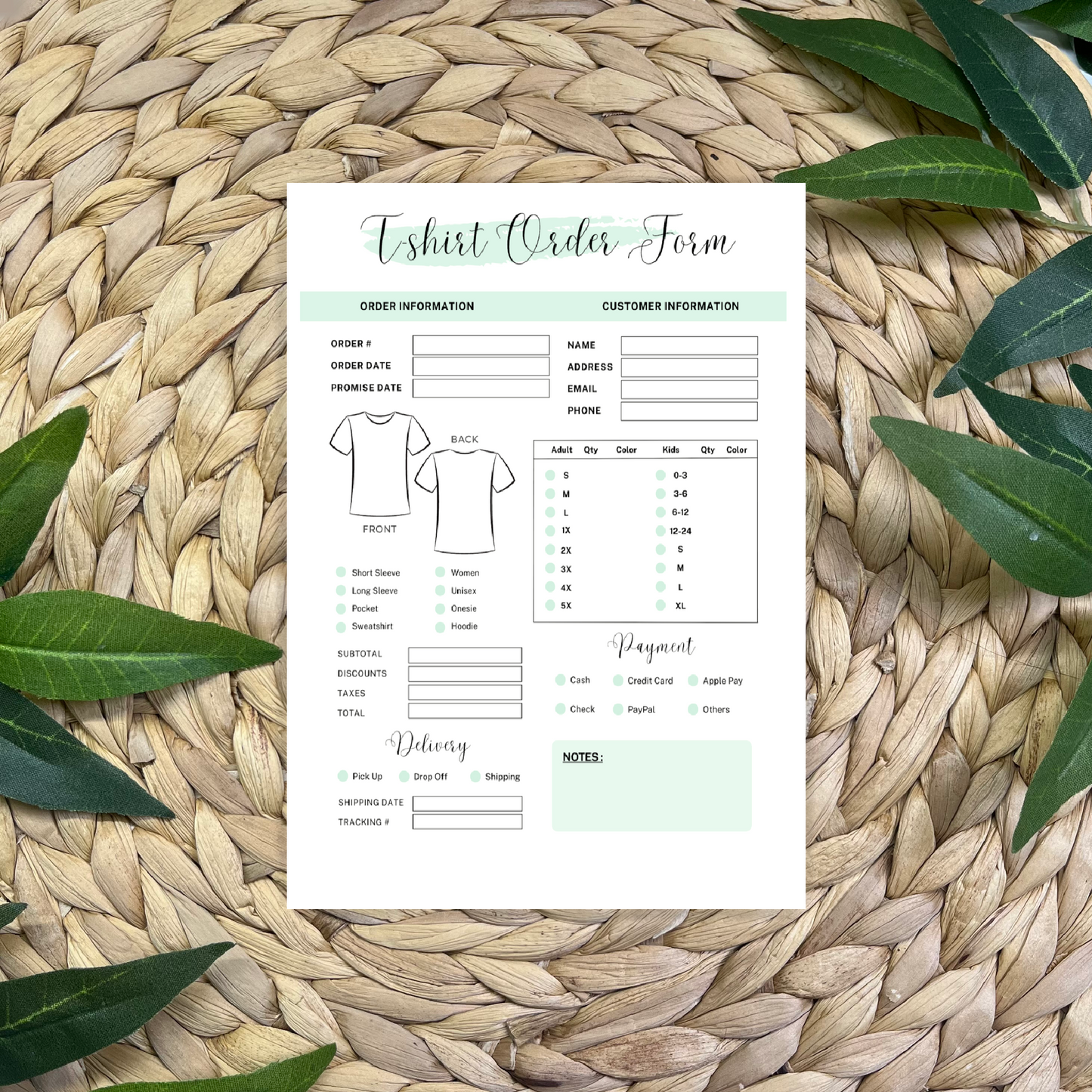 T-Shirt Order Form Pads