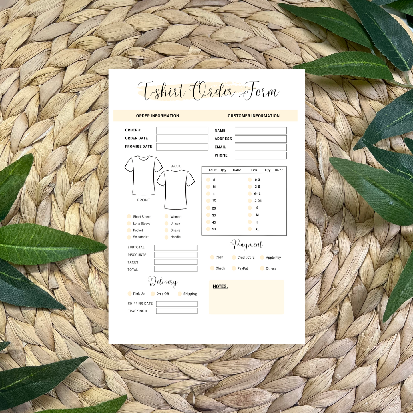 T-Shirt Order Form Pads