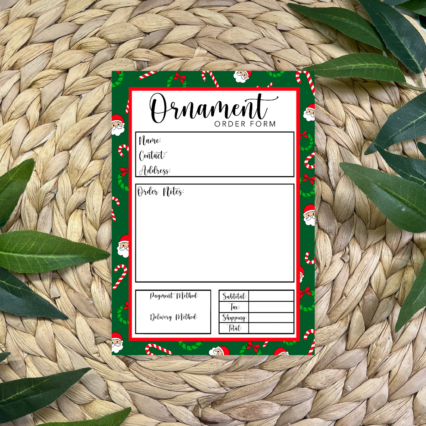 Santa, Candy Cane, and Wreath Ornament Order Form Pad