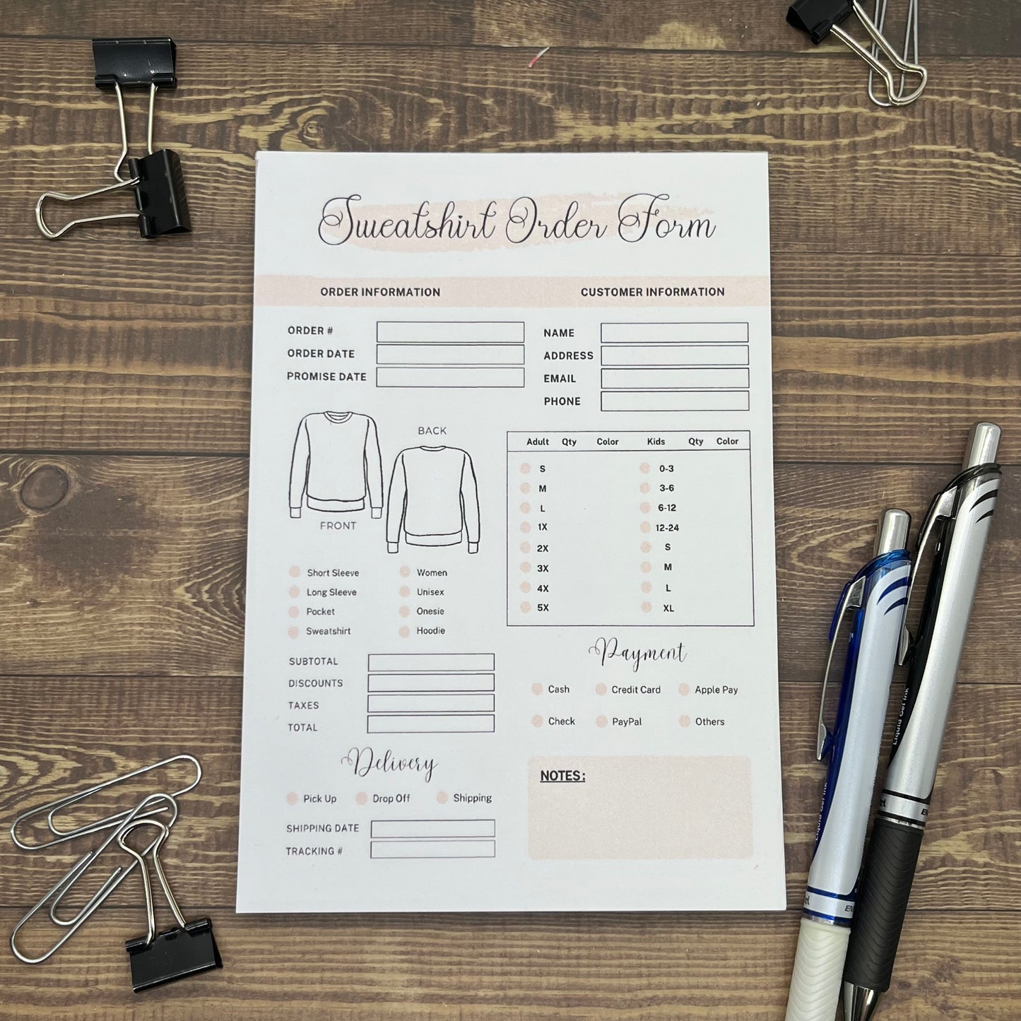 Sweatshirt Order Form Memo Pad