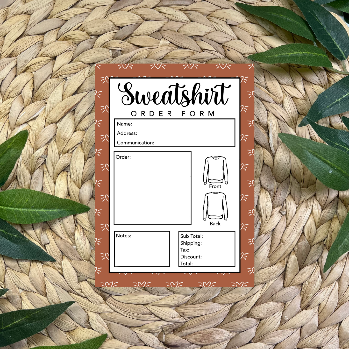 Sweatshirt Order Form Pad (50 pgs- 5x7 inches)