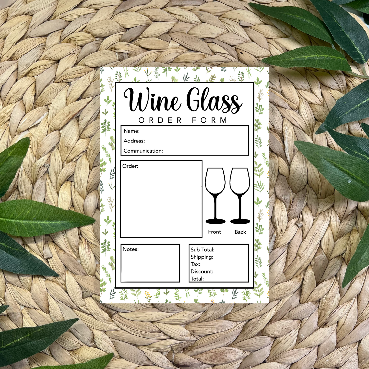 Wine Glass Order Form Pad (50 pgs- 5x7 inches)
