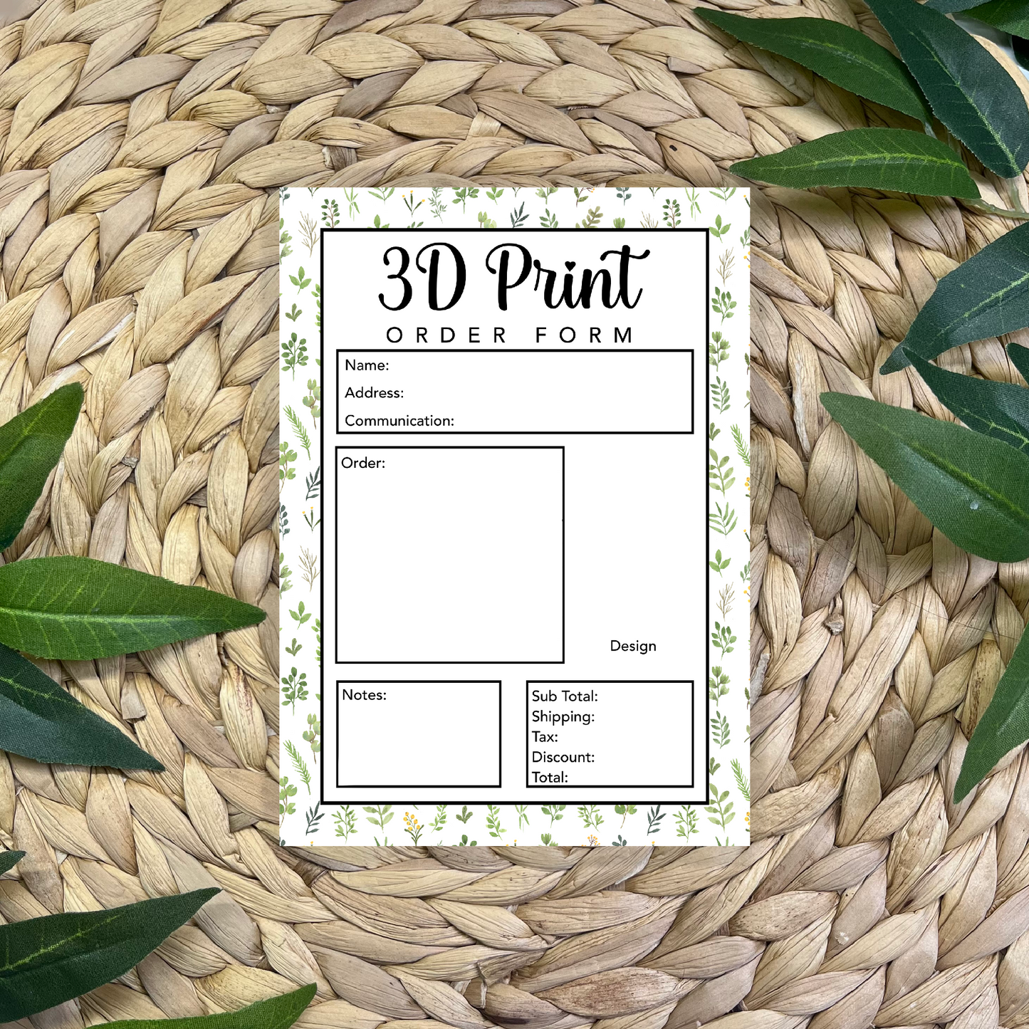 3D Prints Order Form Pad (50 pgs- 5x7 inches)
